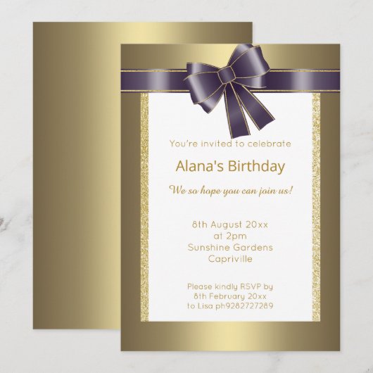 ELEGANTER MODERNER EINFACHER GLITZER GOLD LILA BOW EINLADUNG (Vorne/Hinten)
