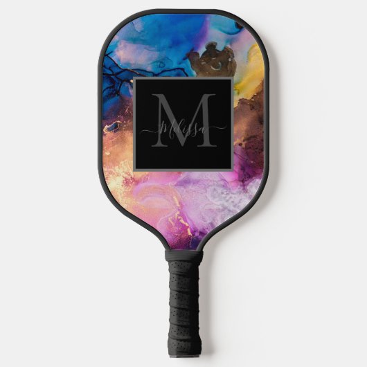 Eleganter moderner farbenfroher marmorierter Monog Pickleball Schläger (Vorderseite)