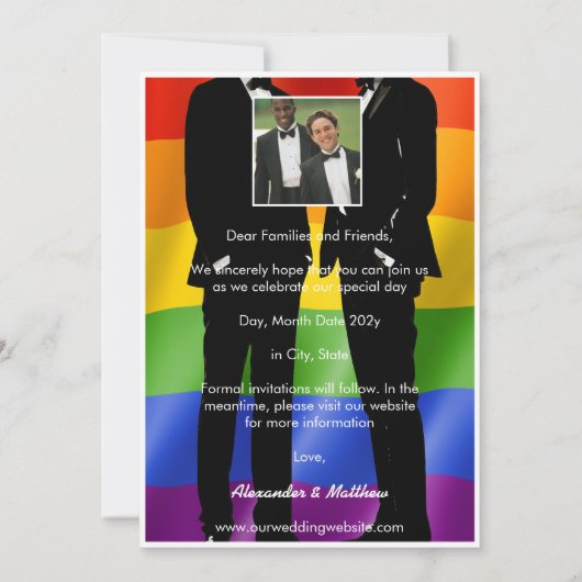 Eleganter, moderner Gay Men Wedding Foto Regenboge Save The Date (Rückseite)