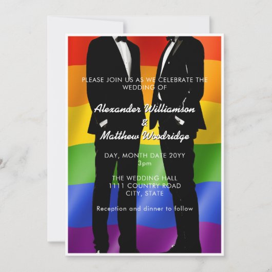 Eleganter, moderner Gay Men Wedding Rainbow Einladung (Vorderseite)