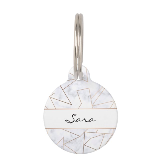 eleganter, moderner, geometrischer weißer Marmor d Tiernamensmarke (Vorderseite)