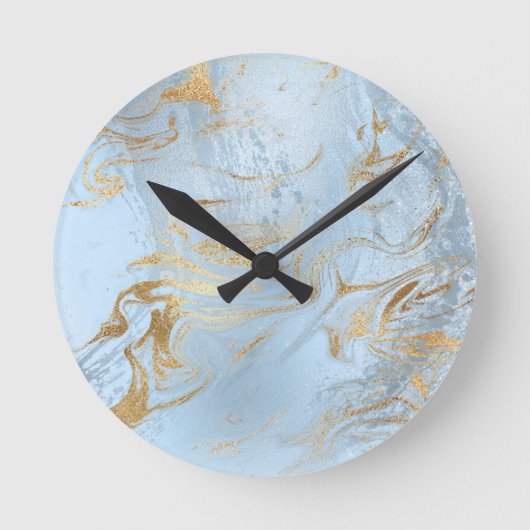 Eleganter, moderner Glitzer aus Gold und hellblaue Runde Wanduhr (Vorderseite)
