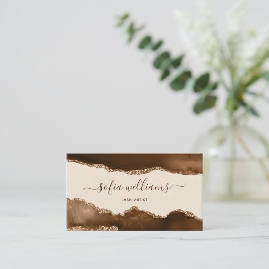 Eleganter moderner Gold Glitzer Brown Agate Busine Visitenkarte (Stehend Vorderseite)