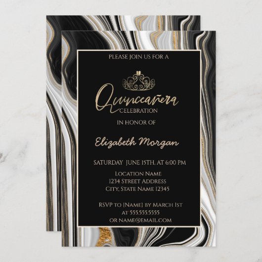 Eleganter moderner Gold Tiara, schwarzer Gold Marm Einladung (Vorne/Hinten)