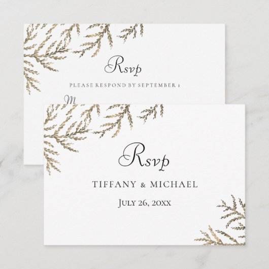 Eleganter moderner Goldener Leaf Wedding RSVP Karte (Vorne/Hinten)
