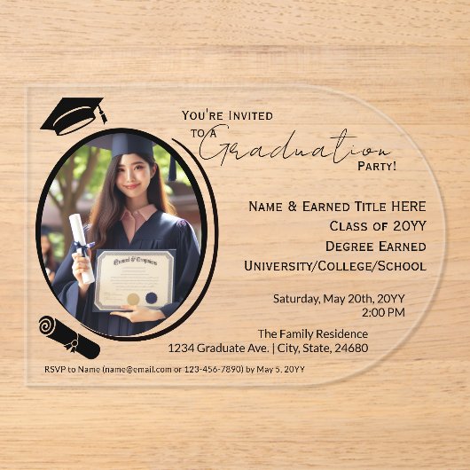 Eleganter, moderner Grad Foto Abschluss, Schwarzes Acryleinladungen (Vorderseite)