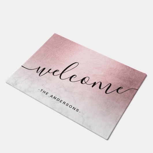 Eleganter, moderner Gradient Rose, weißer Marmor Fußmatte (Schrägansicht)