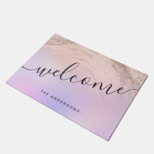 Eleganter moderner Gradienten Rose Gold Glitzer li Fußmatte (Schrägansicht)