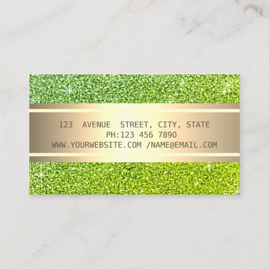Eleganter, moderner grüner Glitzer, Goldstreifen, Visitenkarte (Rückseite)