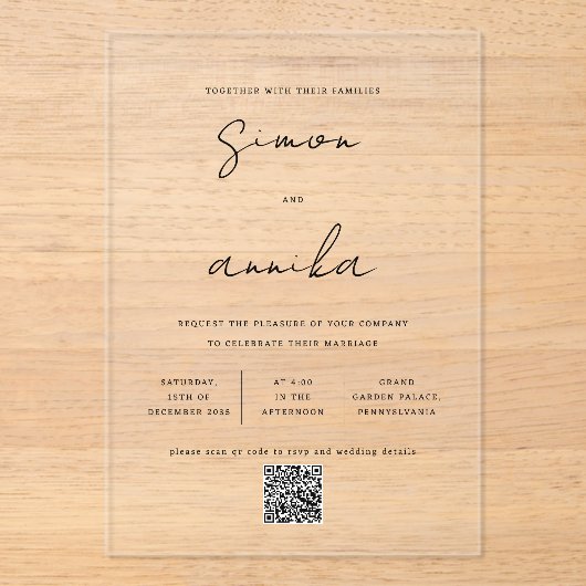 Eleganter moderner Handwriting-Schriftart QR Code  Acryleinladungen (Vorderseite)