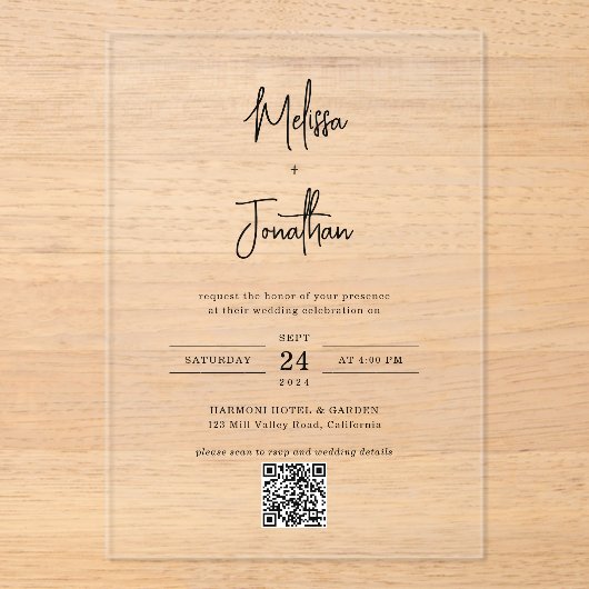 Eleganter, moderner Handwriting-Script QR-Code Hoc Acryleinladungen (Vorderseite)