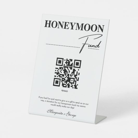 Eleganter moderner Honeymoon Fund QR Code Wedding Sockelschild (Vorderseite)