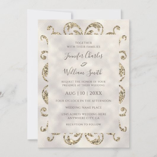 Eleganter, moderner Ivory Texture Gold Glitzer Rah Einladung (Vorderseite)