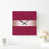 Eleganter moderner Küken-Rose Gold & Bordeaux-Stre Quadratische Wanduhr (Zuhause)