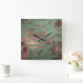 Eleganter, moderner Kupferstich mit goldgrünem Mar Quadratische Wanduhr (Zuhause)