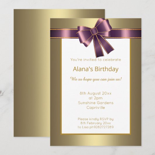 ELEGANTER MODERNER LILA GOLD EINLADUNG (Vorne/Hinten)