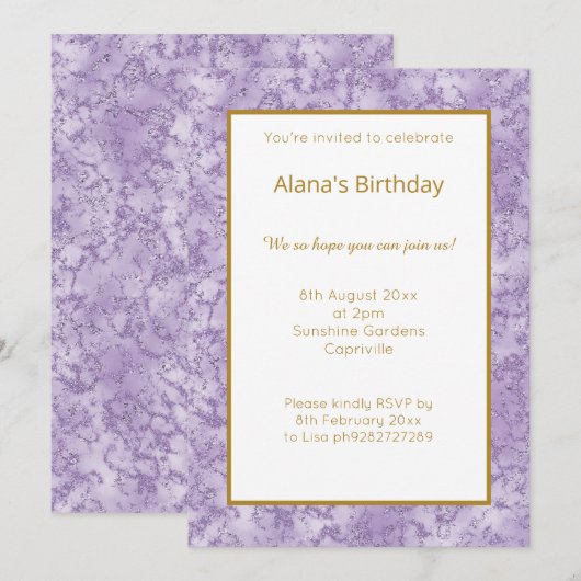 ELEGANTER MODERNER LILA MARMOR GLITZER EINFACH EINLADUNG (Vorne/Hinten)