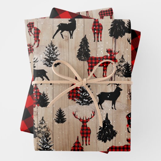 Eleganter moderner Lumberjack-Elch kariert Geschenkpapier Set (Beispiel)