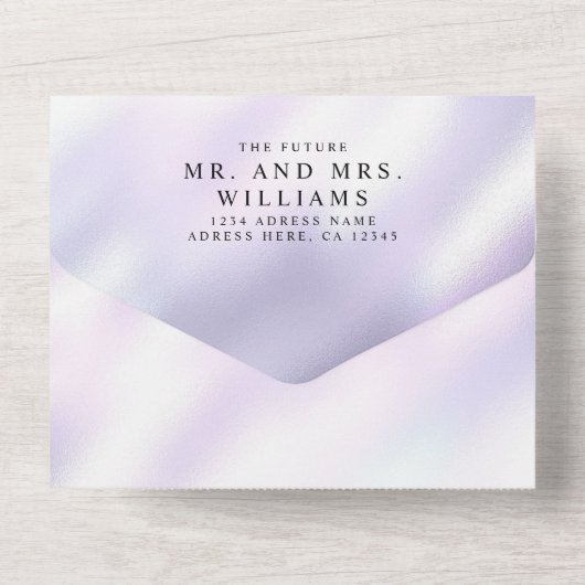 Eleganter, moderner Metallic Lila All In One Einladung (Rückseite)