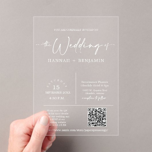 Eleganter moderner Minimal-Script-Hochzeitbogen QR Acryleinladungen (Insitu (Handheld))