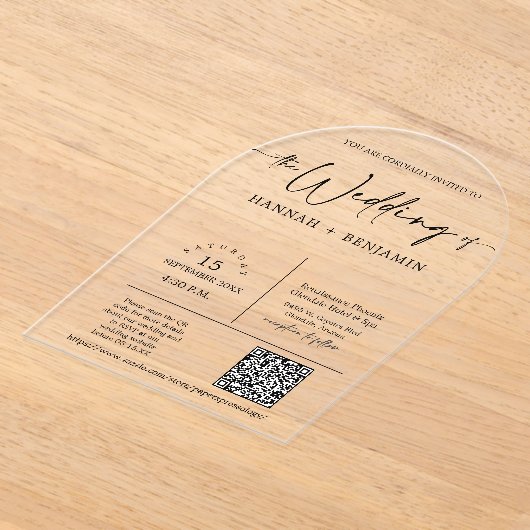 Eleganter moderner Minimal-Script-Hochzeitbogen QR Acryleinladungen (Ablage )