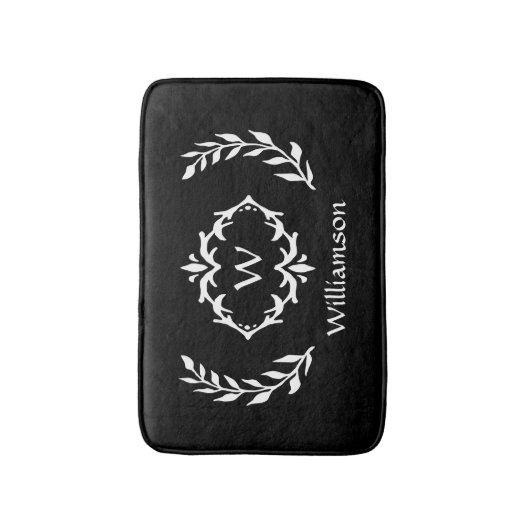Eleganter Moderner Mit Monogramm Kranz-Chic Schwar Badematte (Vorderseite Vertikal)