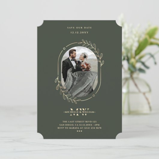 Eleganter moderner Monogram-Hochzeitsgrauer Goldkr Save The Date (Stehend Vorderseite)