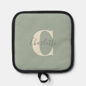 Eleganter moderner Monogrammname in Sage Green Topflappen (Vorderseite)