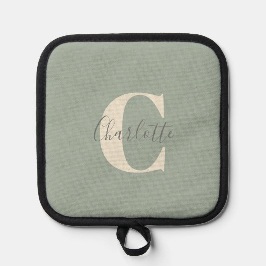 Eleganter moderner Monogrammname in Sage Green Topflappen (Vorderseite)