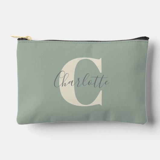 Eleganter moderner Monogrammname in Sage Green Zubehörtasche (Vorderseite)