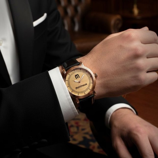 Eleganter, moderner Name des Schwarzen Monogramms Armbanduhr (Elegant Modern Gold Black Monogram Initial Name Watch is elegant to wear for those special events. )