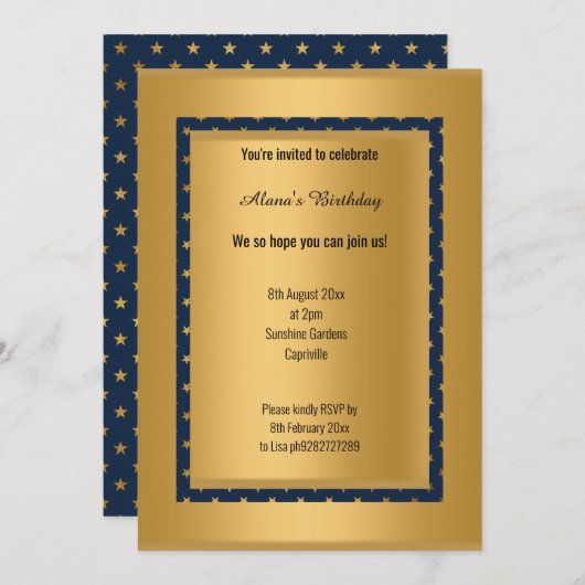 ELEGANTER MODERNER NAVY GOLD STAR GANZ OCASSIO GEB EINLADUNG (Vorne/Hinten)