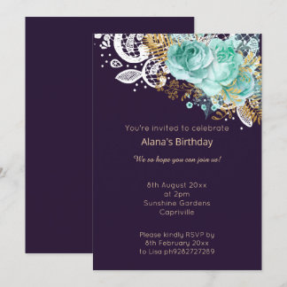 ELEGANTER MODERNER NAVY LACE AQUA BOUQUET EINLADUNG