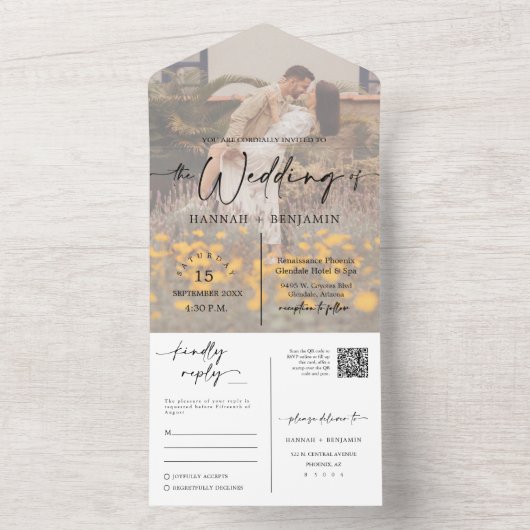 Eleganter moderner Navyblauer Boho-Bogen QR-Code F All In One Einladung (Innen)