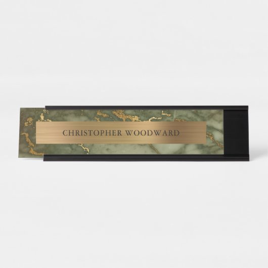 Eleganter, moderner Olive Green Marble Brushed Gol Schreibtischnamensplakette (Vorderseite )