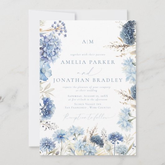 Eleganter moderner QR Code Dusty Blue Floral Weddi Einladung (Vorderseite)