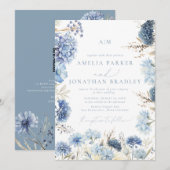 Eleganter moderner QR Code Dusty Blue Floral Weddi Einladung (Vorne/Hinten)