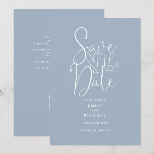 Eleganter moderner QR Code Dusty Blue Wedding Save The Date (Vorne/Hinten)