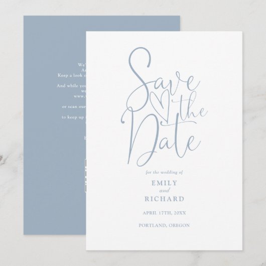 Eleganter moderner QR Code Dusty Blue Wedding Save The Date (Vorne/Hinten)