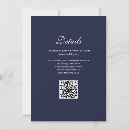Eleganter moderner QR Code Navy Blue Wedding Einladung (Rückseite)
