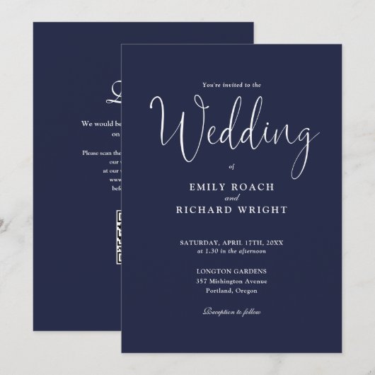 Eleganter moderner QR Code Navy Blue Wedding Einladung (Vorne/Hinten)