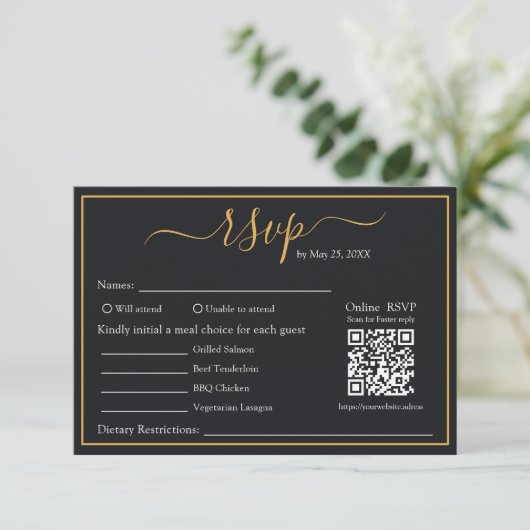 Eleganter moderner QR-Code-UAWG für Schwarz-Gold-B RSVP Karte (Stehend Vorderseite)