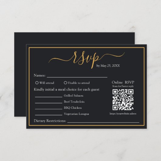 Eleganter moderner QR-Code-UAWG für Schwarz-Gold-B RSVP Karte (Vorne/Hinten)