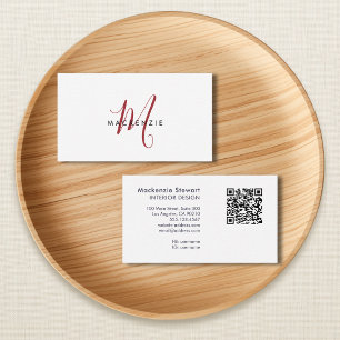 Eleganter moderner roter Schriftmonogramm-QR-Code Visitenkarte