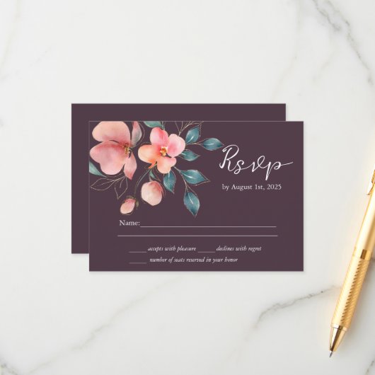 Eleganter moderner RSVP für Hochzeiten in Rosa und Begleitkarte (Vorderseite/Rückseite Beispiel)