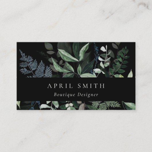 Eleganter, moderner schwarzer Blattstiefel, tropis Visitenkarte (Vorderseite)