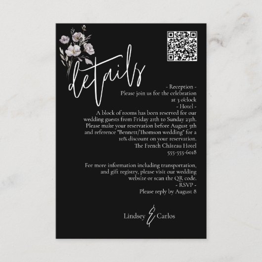 Eleganter moderner schwarzer Hochzeitsstichtag QR- Begleitkarte (Vorderseite)