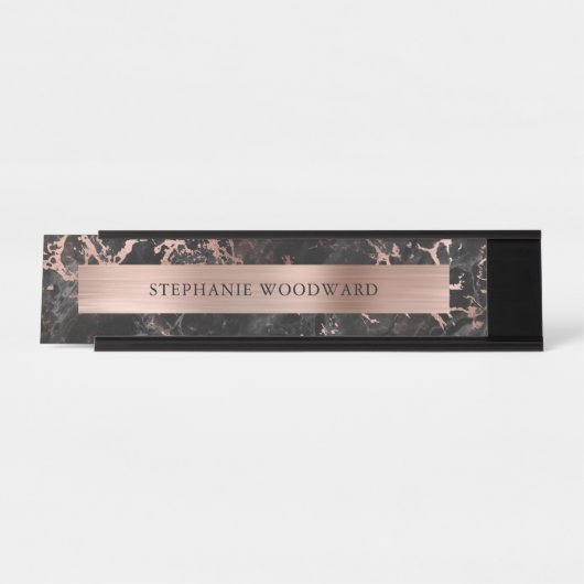 Eleganter, moderner Schwarzer Marmor Pinsel Rose G Schreibtischnamensplakette (Vorderseite )