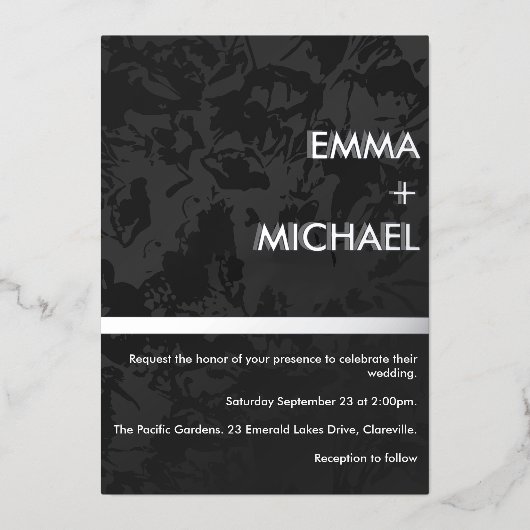 Eleganter, moderner Schwarzer Silberstreifen Folieneinladung (Vorderseite)