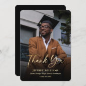 Eleganter, moderner Script Black Gold Foto Abschlu Dankeskarte (Vorne/Hinten)